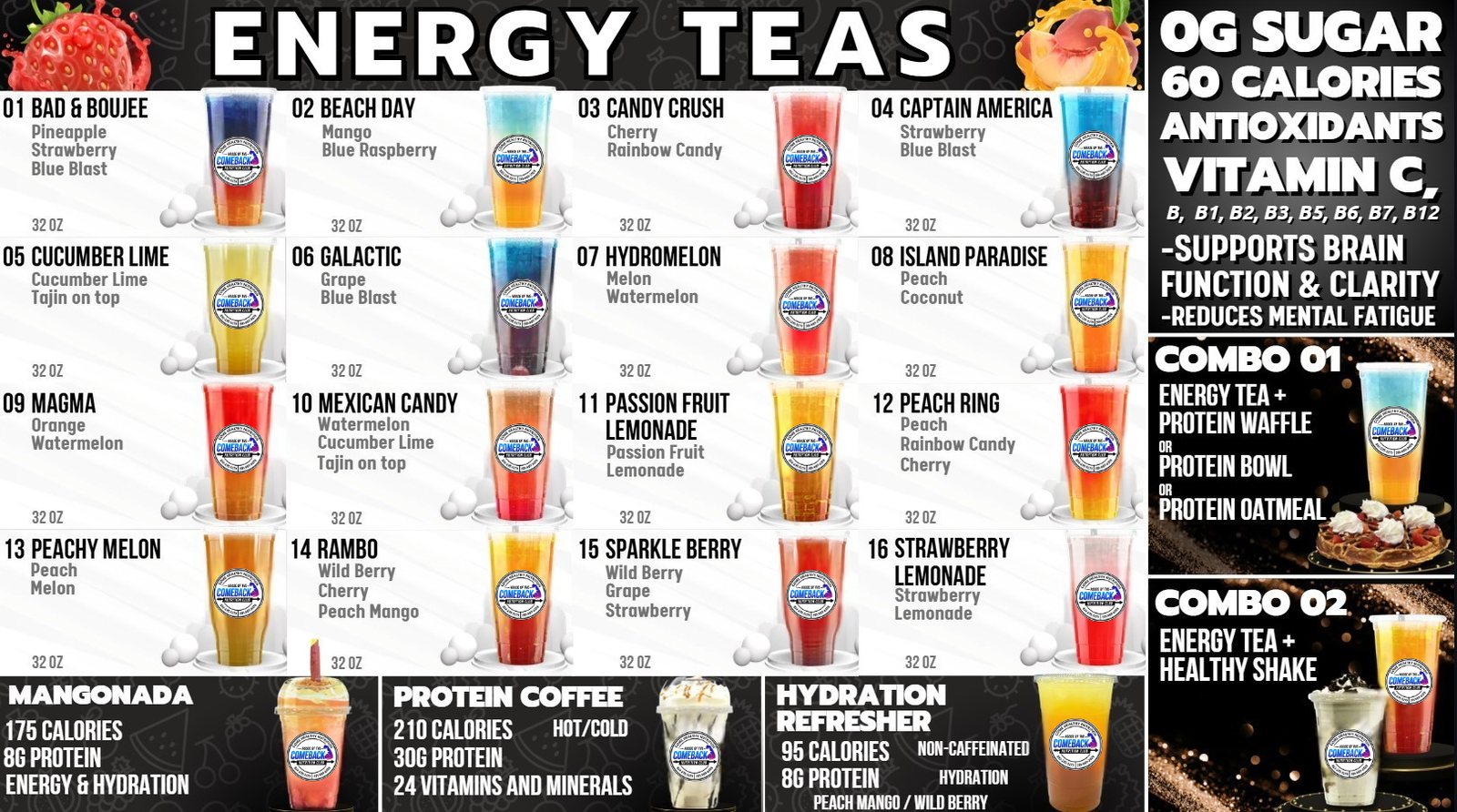 Menu board for Comeback Nutrition featuring a selection of 32 oz energy teas in assorted fruit flavors including Bad & Boujee, Beach Day, Candy Crush, Captain America, Cucumber Lime, Galactic, Hydromelon, Island Paradise, Magma, Mexican Candy, Passion Fruit Lemonade, Peach Ring, Peachy Melon, Rambo, Sparkle Berry, and Strawberry Lemonade. The board also highlights zero grams of sugar, 60 calories, antioxidants, vitamin C, protein coffee, hydration refreshers, mangonada, and combo meal options.